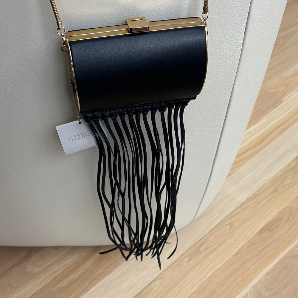 Black Leather by UTERQUE Fringe Crossbody Bag